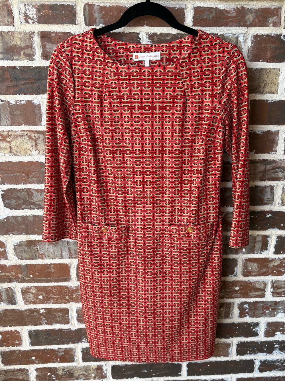 Jude Connally Sabine Shift Dress Red Gold Black Geometric Tile Size Small
